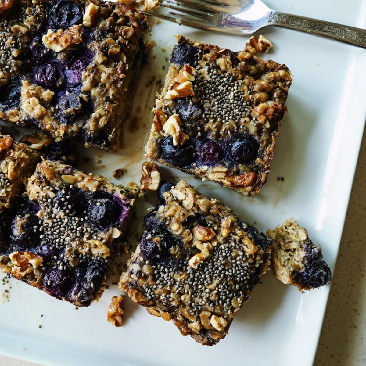 Freshly sliced portions of High Protein Banana Blueberry Breakfast Bake are ready to serve, showcasing moist oats and juicy blueberries.