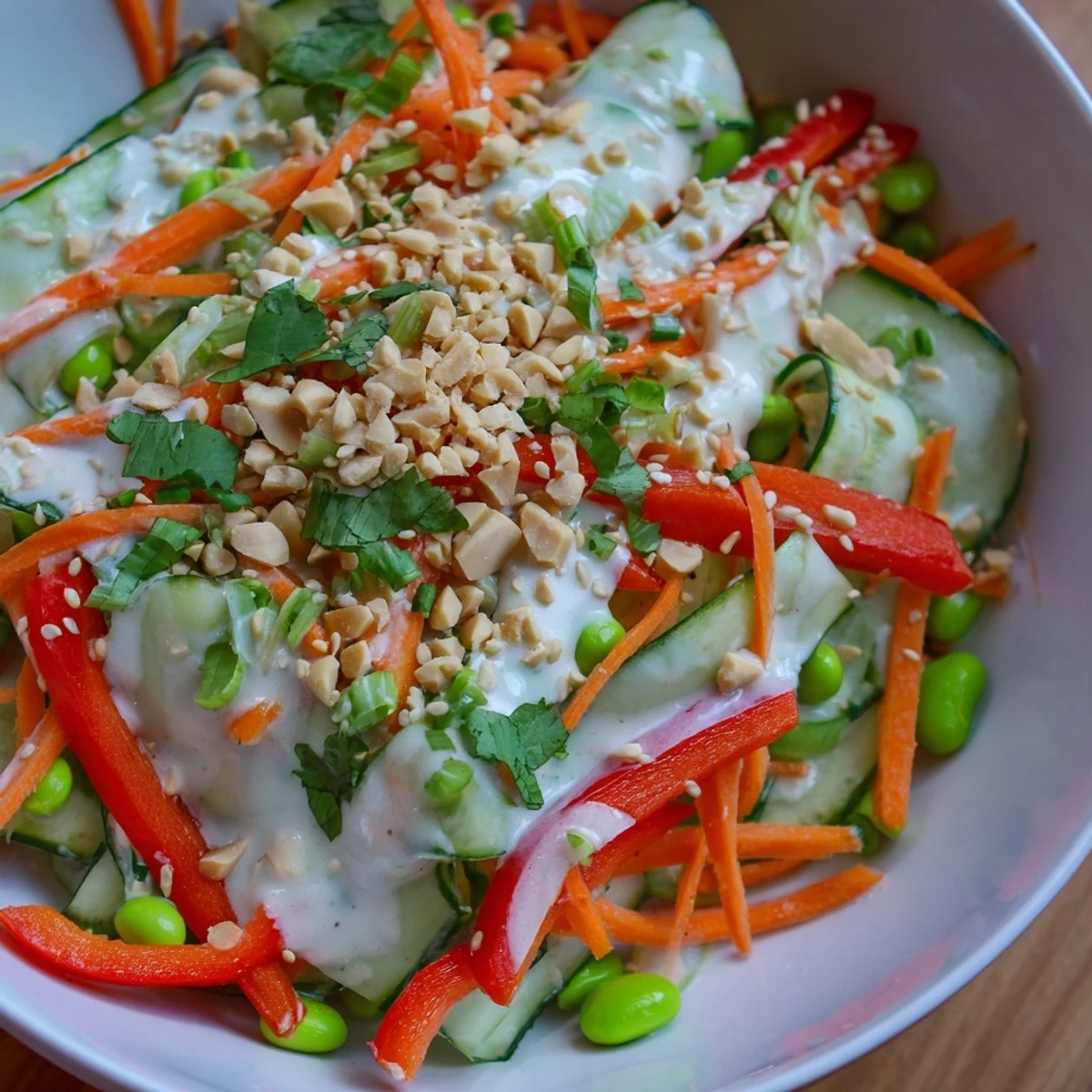 A vibrant photo shows a creamy Asian cucumber bowl with crisp veggies, sesame seeds, and lime wedges on the side.