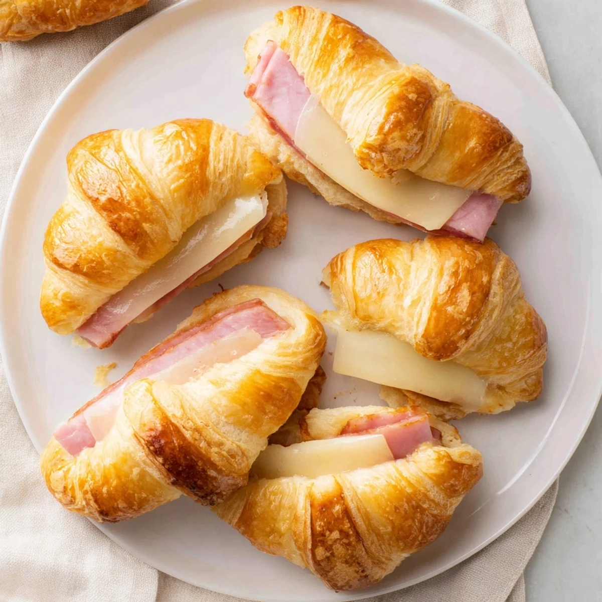 A close-up of golden, flaky Ham and Cheese Croissant with melted Swiss cheese and savory ham inside.