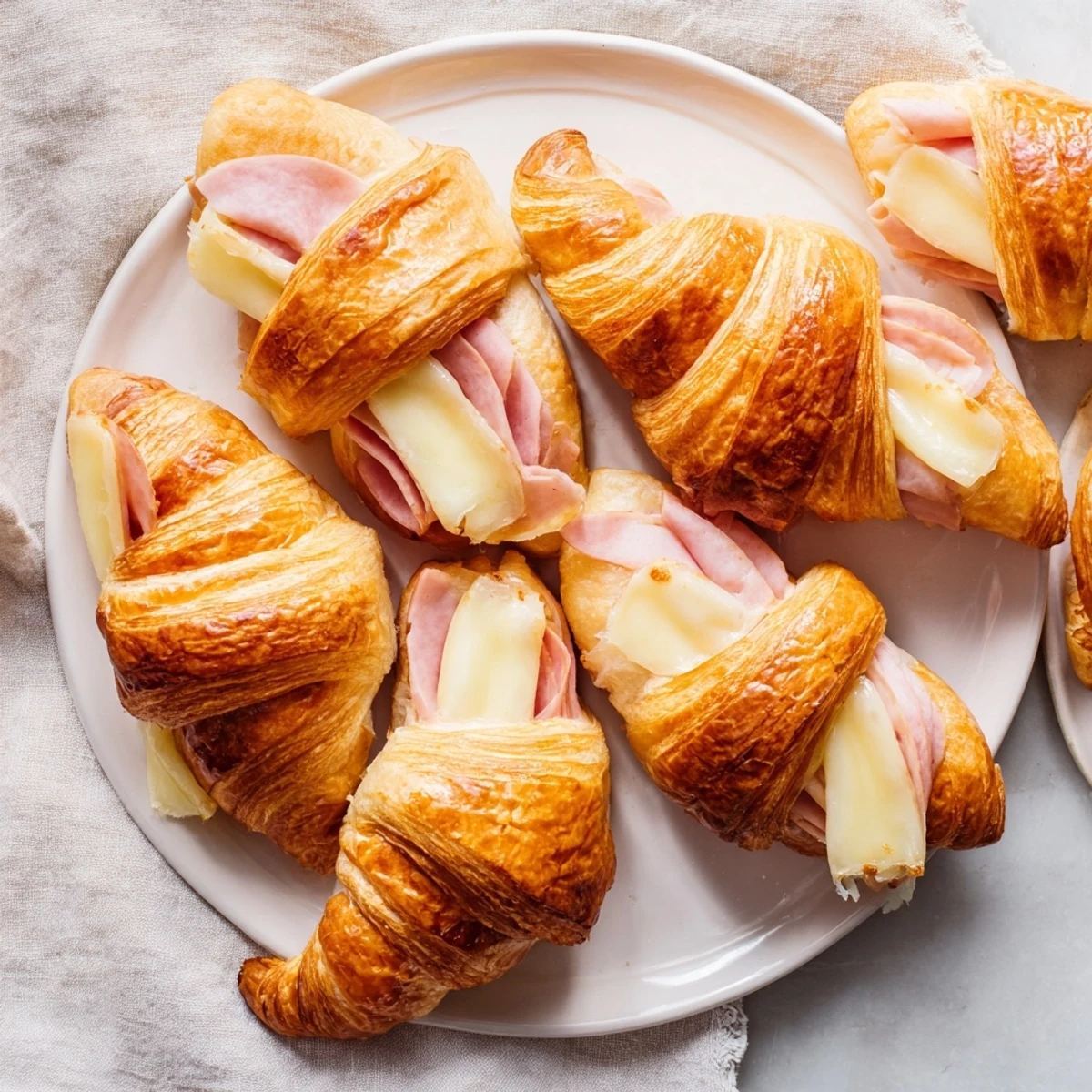 Freshly baked Ham and Cheese Croissant with a golden crust, ready to be enjoyed on a brunch table.