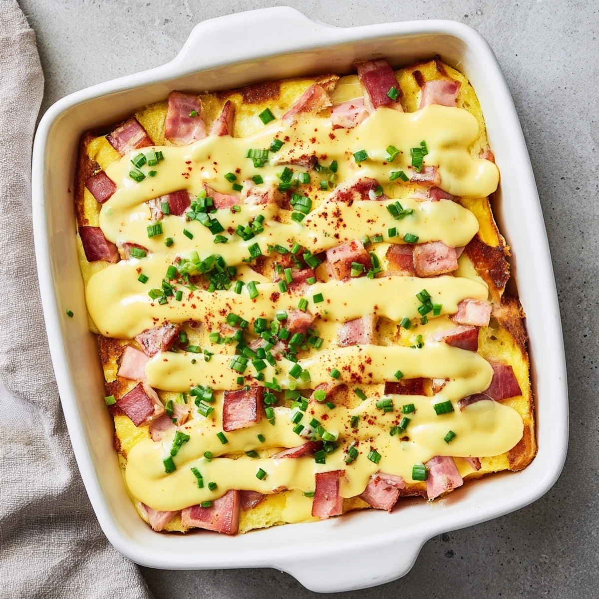 A slice of Overnight Eggs Benedict Casserole reveals fluffy egg layers with Canadian bacon and English muffins.