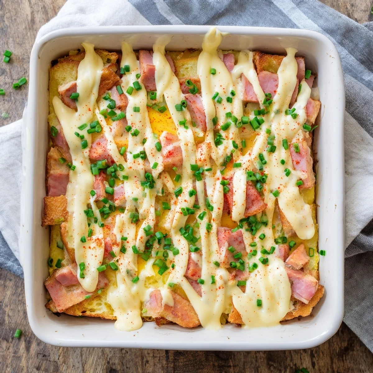 Golden Overnight Eggs Benedict Casserole topped with creamy Hollandaise sauce and fresh chives on a brunch table.