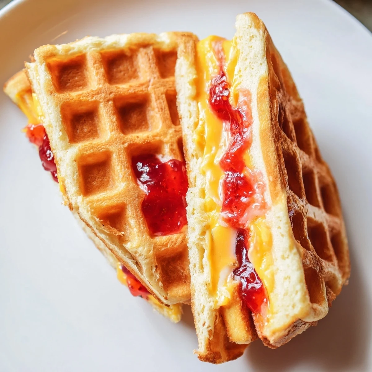 Golden Sweet Waffle Grilled Cheese sandwich halves show melted cheddar and strawberry preserves on crispy waffle edges.