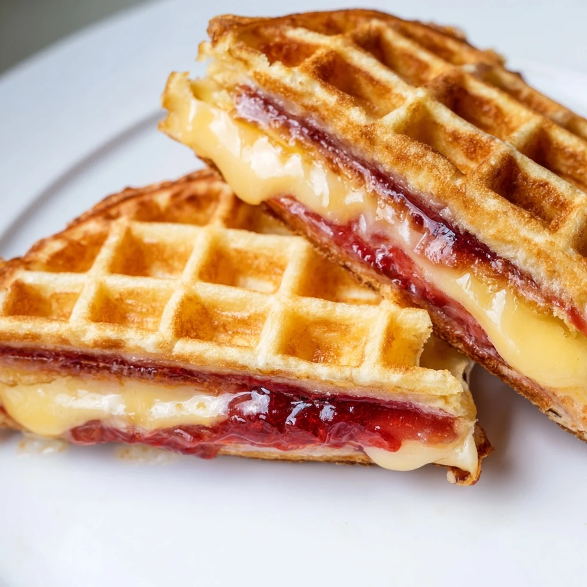 Sweet Waffle Grilled Cheese with golden crust, raspberry preserves, and fresh berries on a rustic wooden board.
