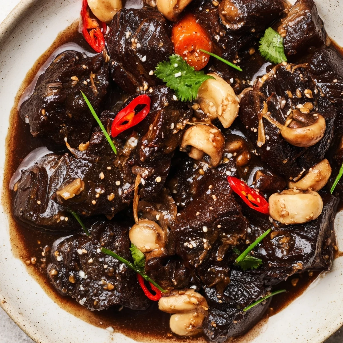 Fork-tender Asian Style Slow Cooked Beef Cheeks With Mushrooms rest in a dark, aromatic braising liquid, garnished with red chili slices and fresh herbs, presented in a ceramic bowl next to a side of fluffy white rice.