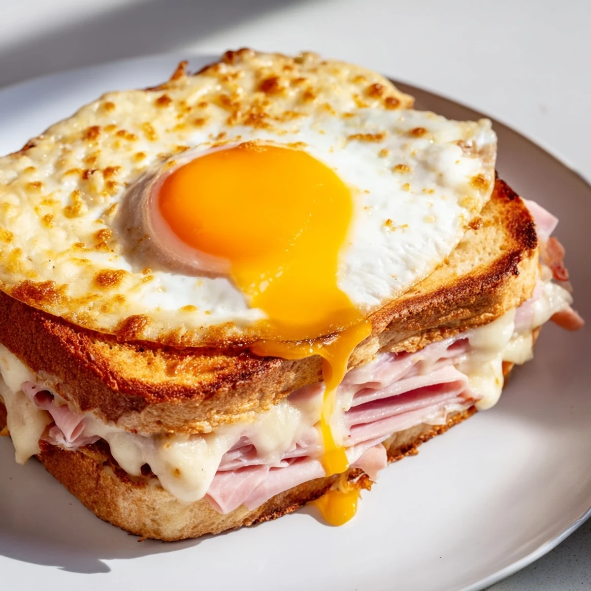 Freshly baked Croque Madame on a white plate, featuring crispy toast layered with ham and Gruyère cheese under creamy béchamel and a runny egg yolk.