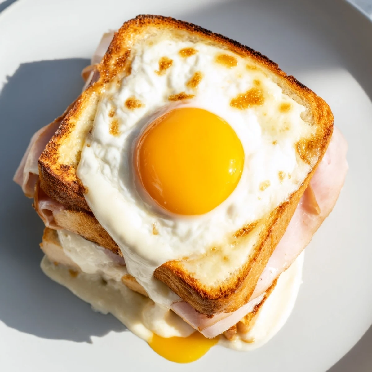 A close-up of a homemade Croque Madame, showing melted cheese and rich béchamel sauce oozing from the toasted sandwich, ready to serve for lunch.