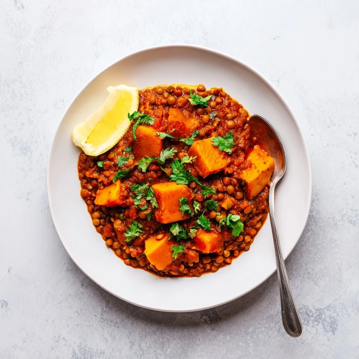 A steaming bowl of Pumpkin and Lentil Rogan Josh Curry garnished with fresh cilantro and lemon wedges.