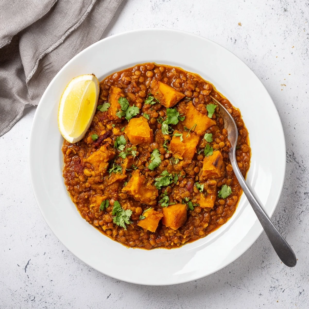 Creamy Pumpkin and Lentil Rogan Josh Curry simmering in a pot with aromatic spices visible.