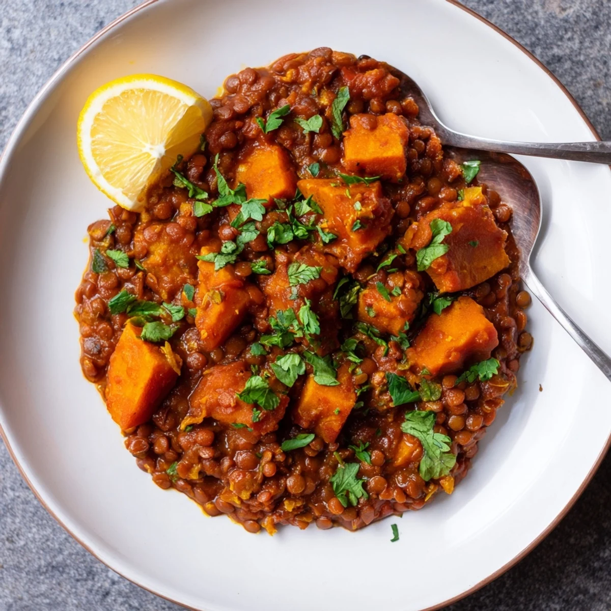 Close up of Pumpkin and Lentil Rogan Josh Curry served over fluffy rice with naan bread.