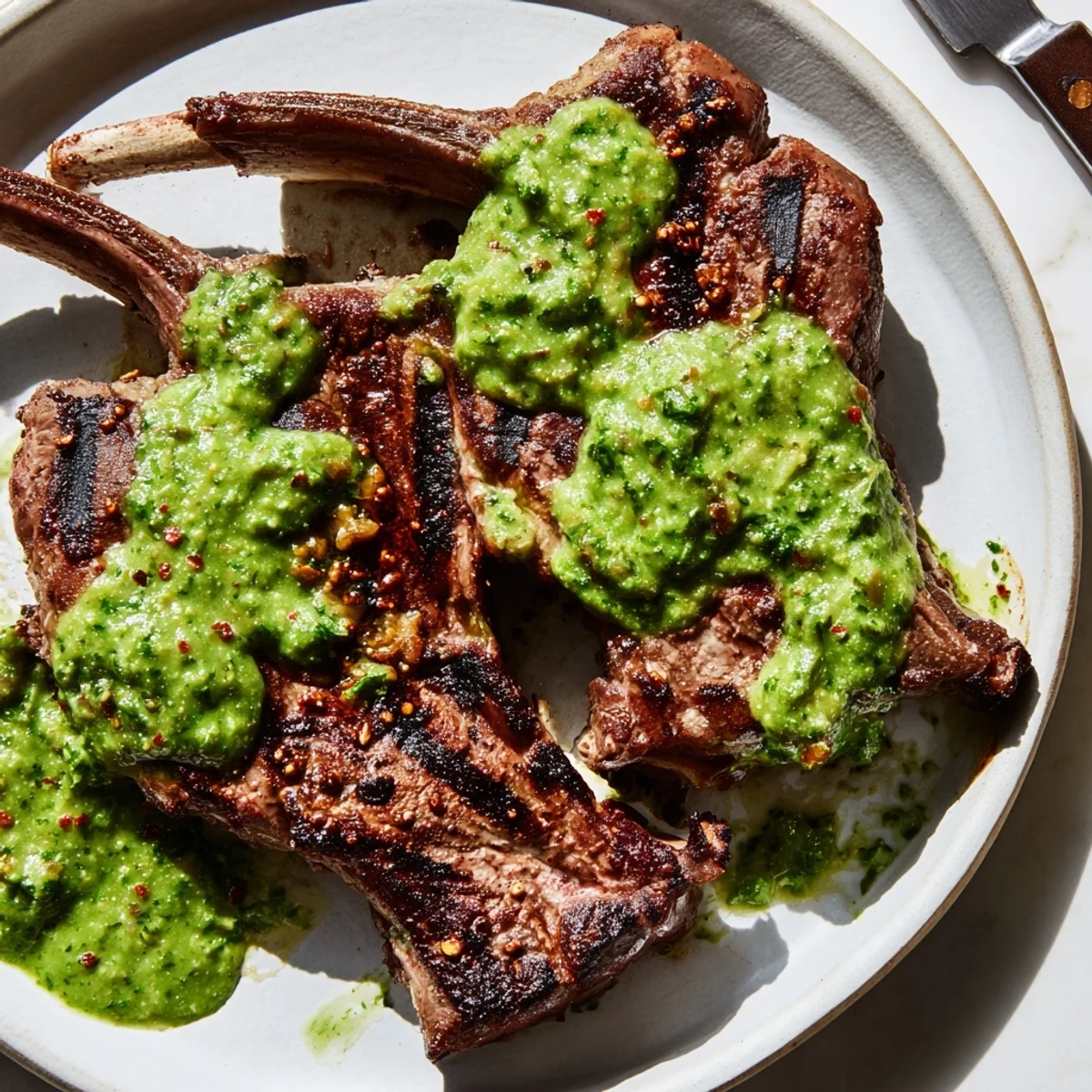 Grilled lamb chops topped with creamy avocado chimichurri for a vibrant summer main dish.