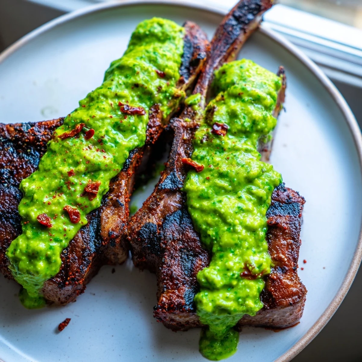 This fusion main dish features charred lamb and a bright avocado chimichurri dressing served on a rustic platter.