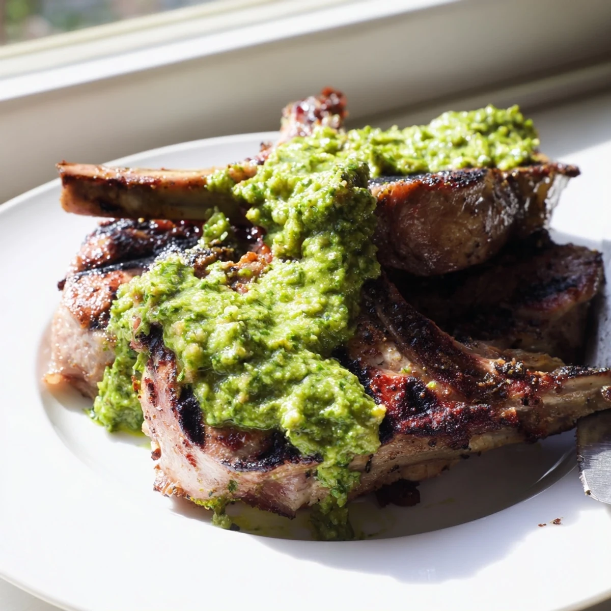 BBQ Lamb with Avocado Chimichurri Dressing showcases juicy, herbaceous flavors ideal for pairing with grilled vegetables.