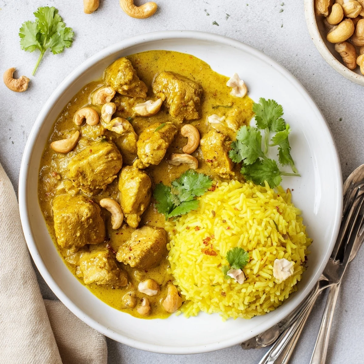 Golden saffron rice topped with creamy Sri Lankan Coconut and Cashew Chicken, garnished with fresh cilantro and lime wedges for brightness.