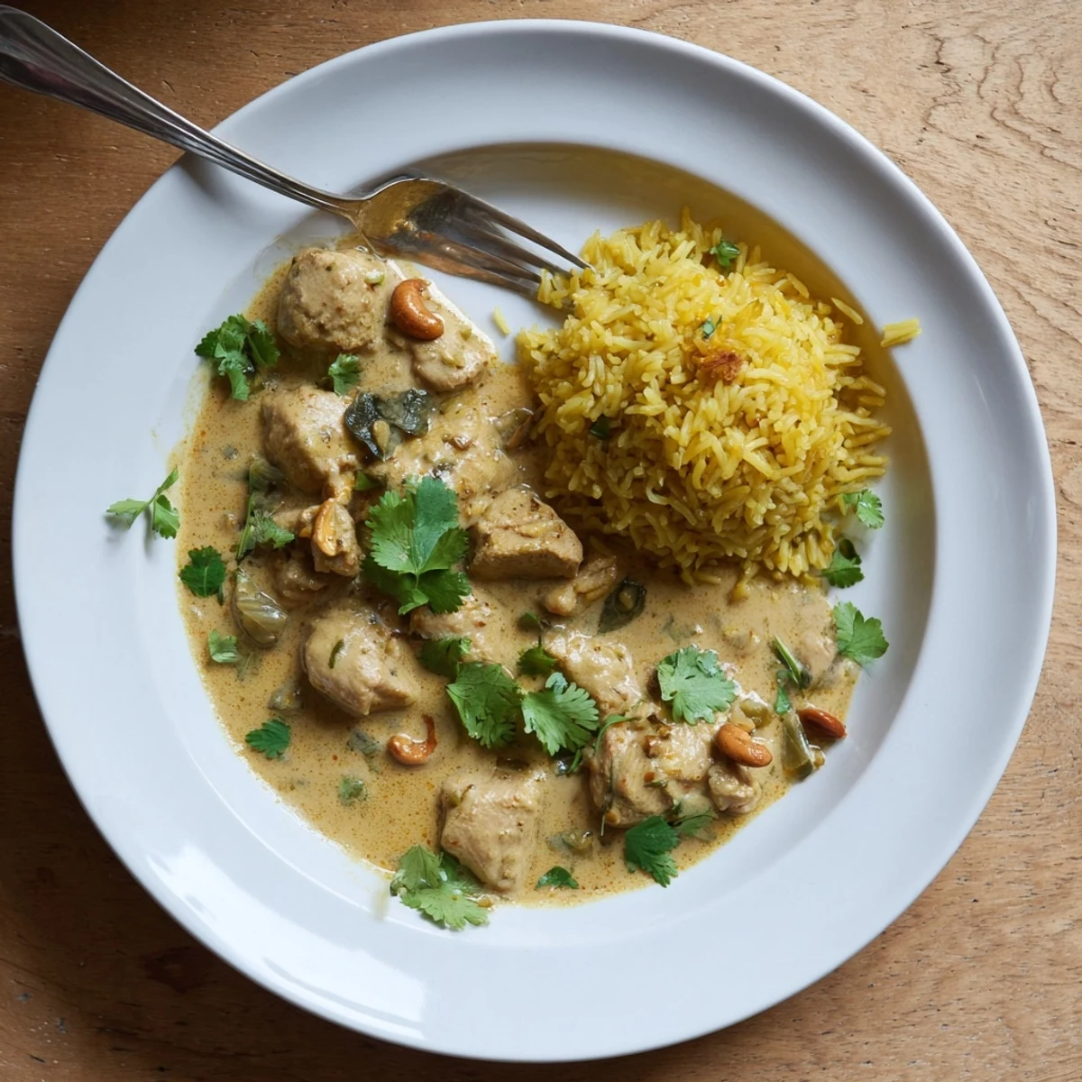Vibrant bowl of Sri Lankan Coconut and Cashew Chicken served over warm saffron rice, with toasted cashews and a spoon ready to dig in.