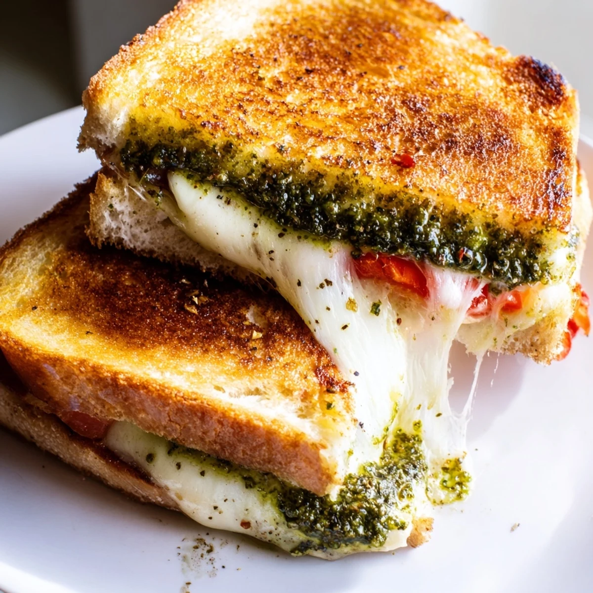A close-up of the Best Pesto Grilled Cheese with melted mozzarella and basil pesto on golden sourdough.