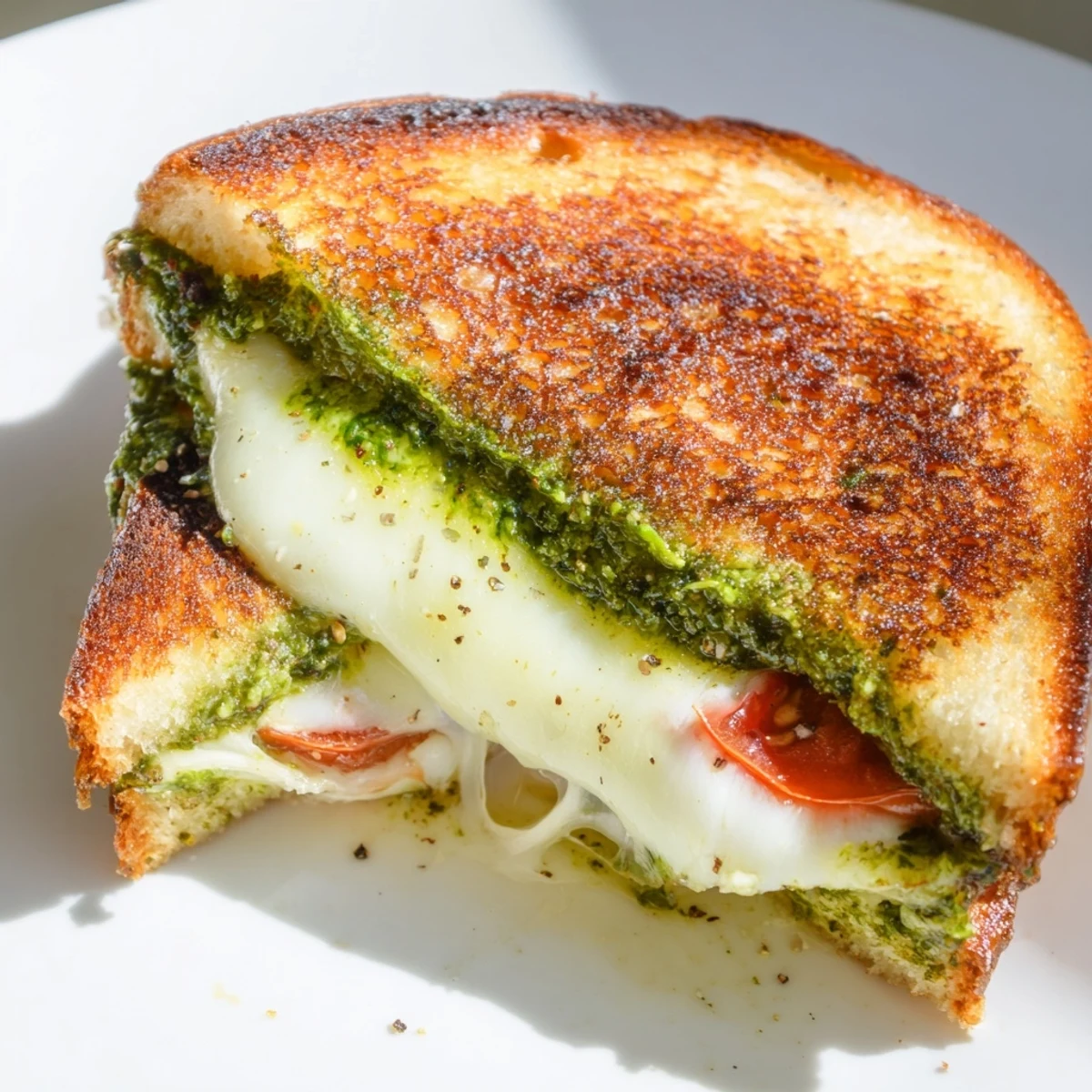 Slices of Best Pesto Grilled Cheese arranged on a plate with a bowl of tomato soup for a cozy lunch.