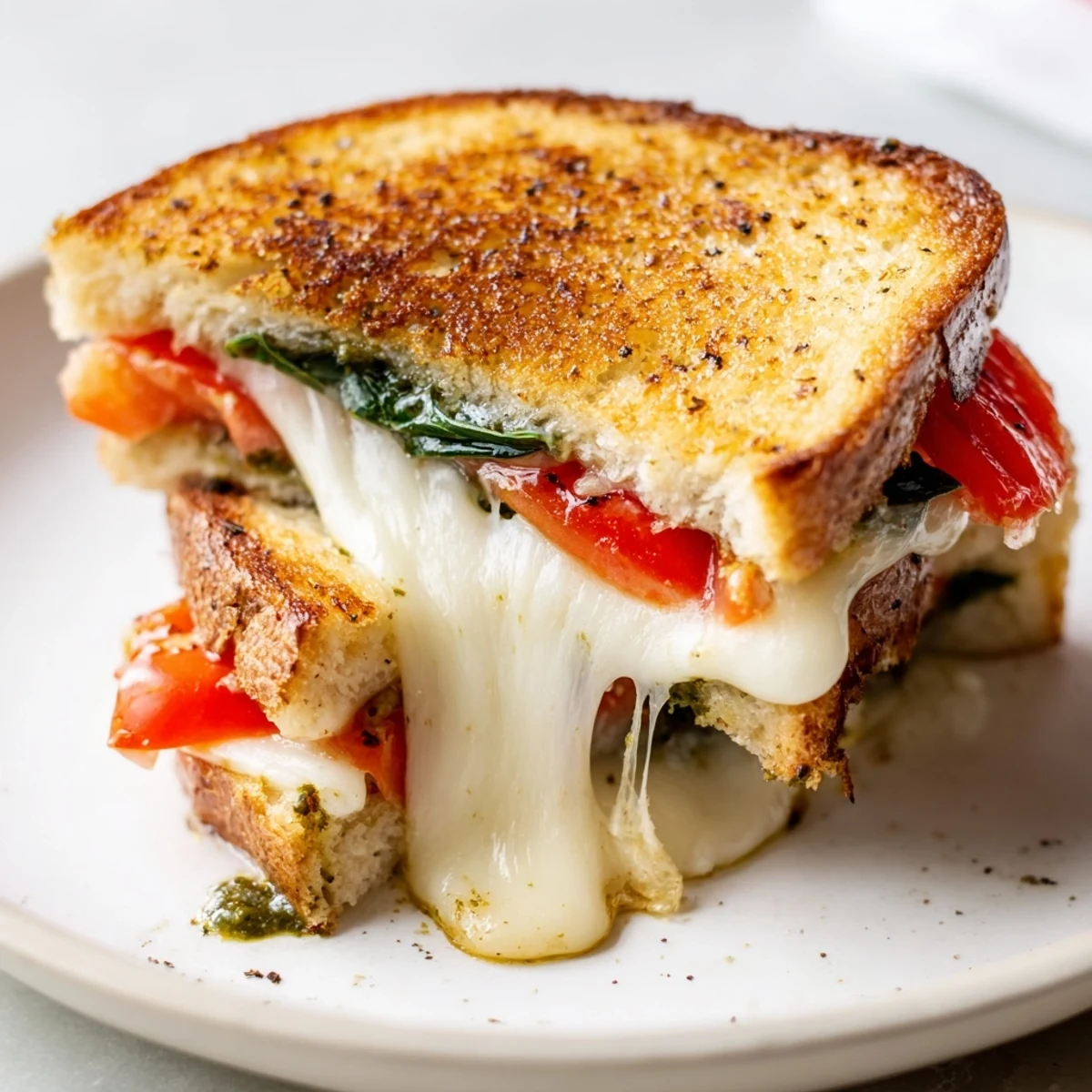 The Best Pesto Grilled Cheese sandwich shows crispy crust and gooey cheese filling on a rustic wooden cutting board.