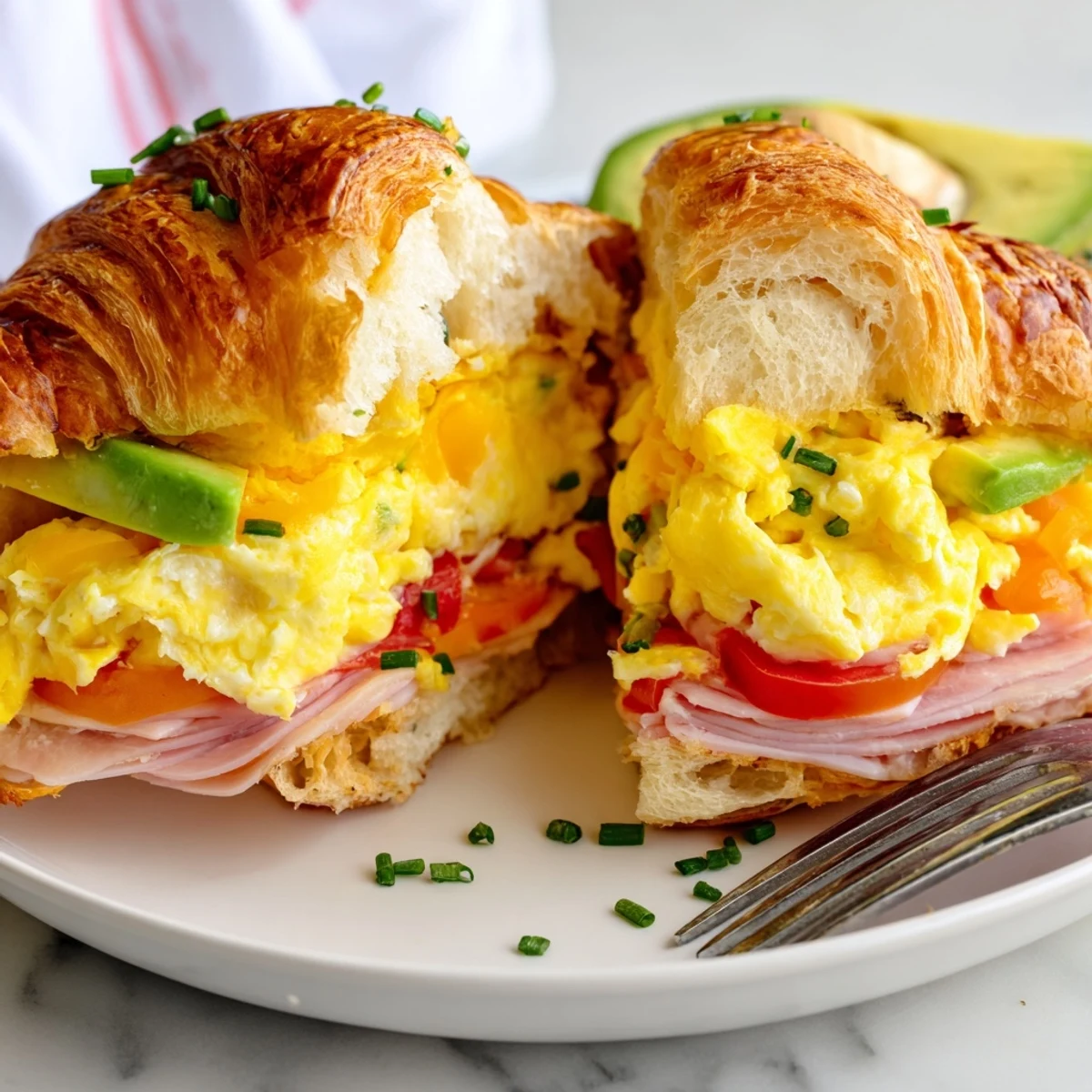 Warm, flaky croissant breakfast sandwich filled with scrambled eggs, savory ham, and melted Swiss cheese, served on a rustic plate.