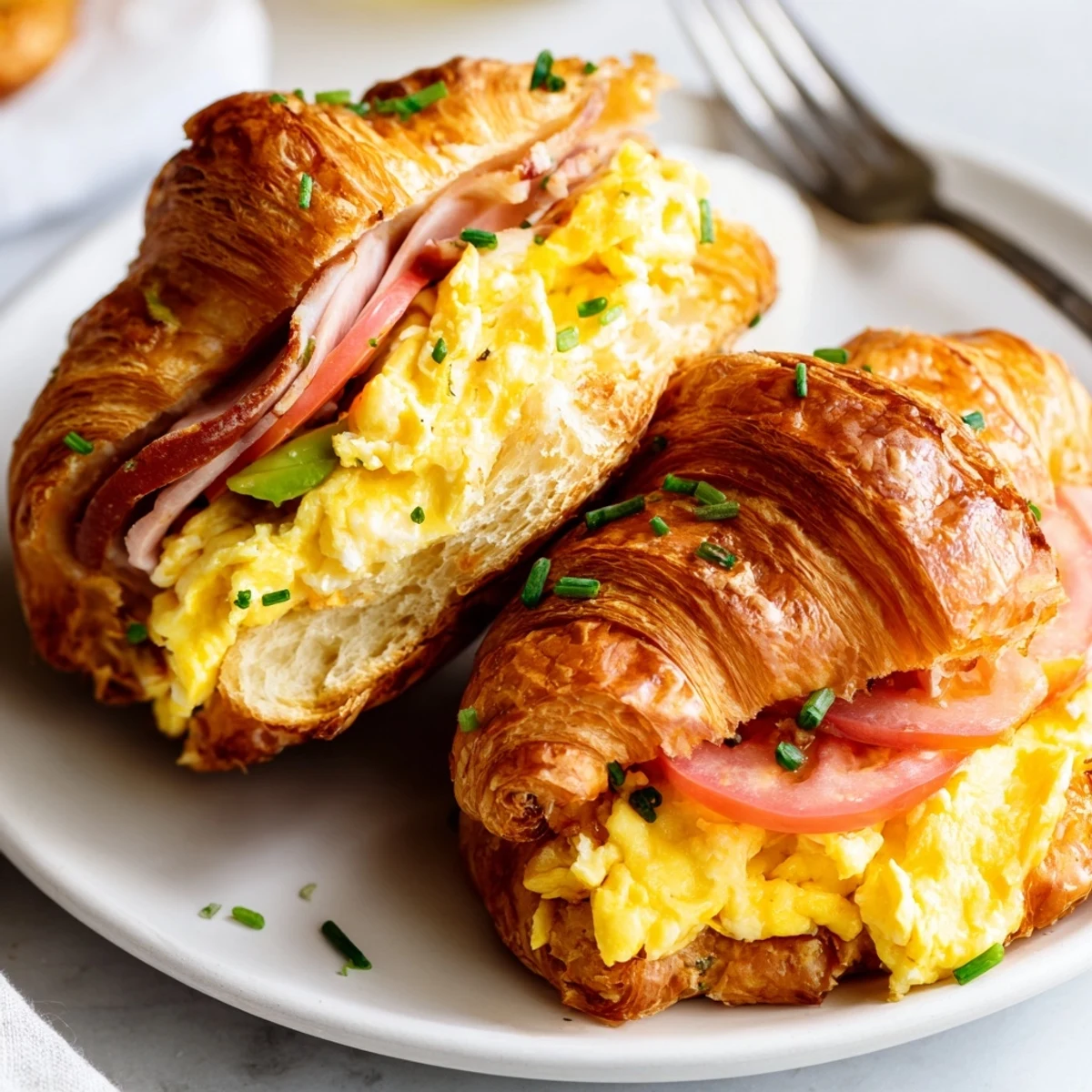 Freshly baked buttery croissant breakfast sandwich layered with creamy eggs, ham, and melty cheddar, garnished with sliced tomato and avocado.