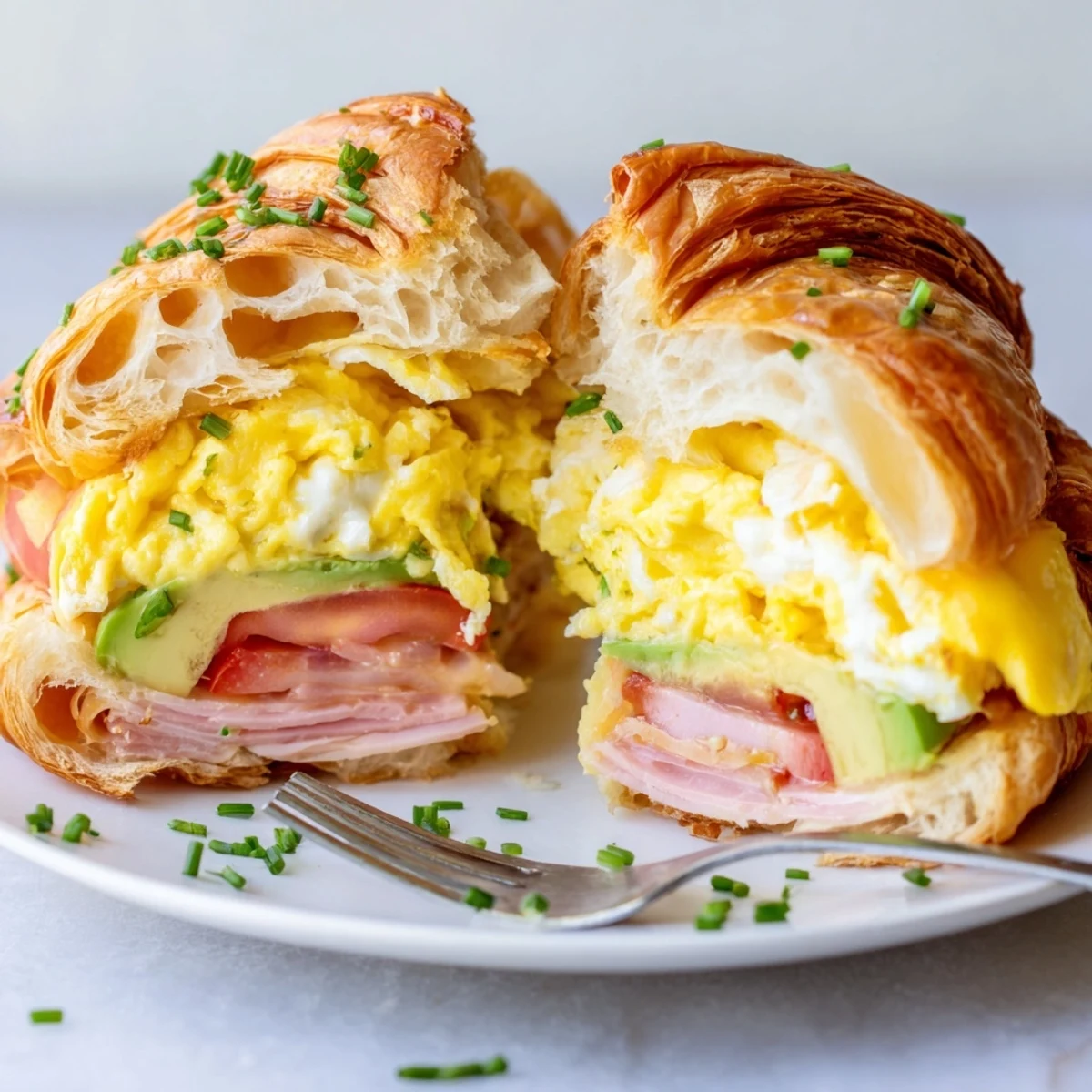 Golden, crisp croissant breakfast sandwich with fluffy eggs, ham, and Swiss cheese, paired with a steaming cup of coffee on the side.