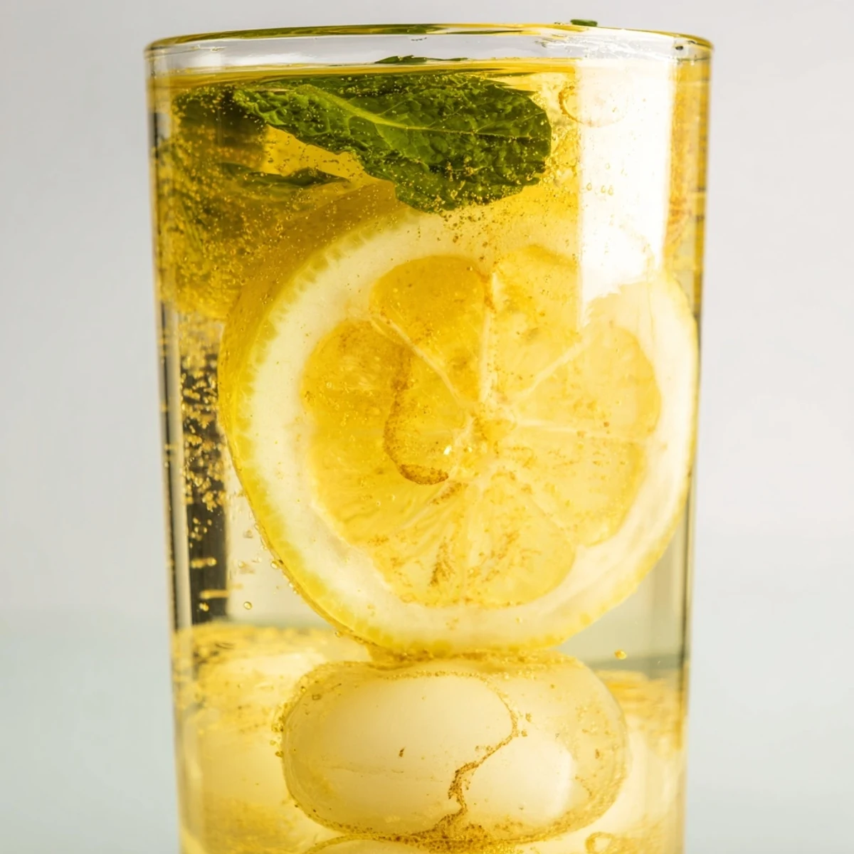 A chilled glass of Easy Limoncello Mocktail garnished with fresh lemon slices and mint leaves on a sunny table.