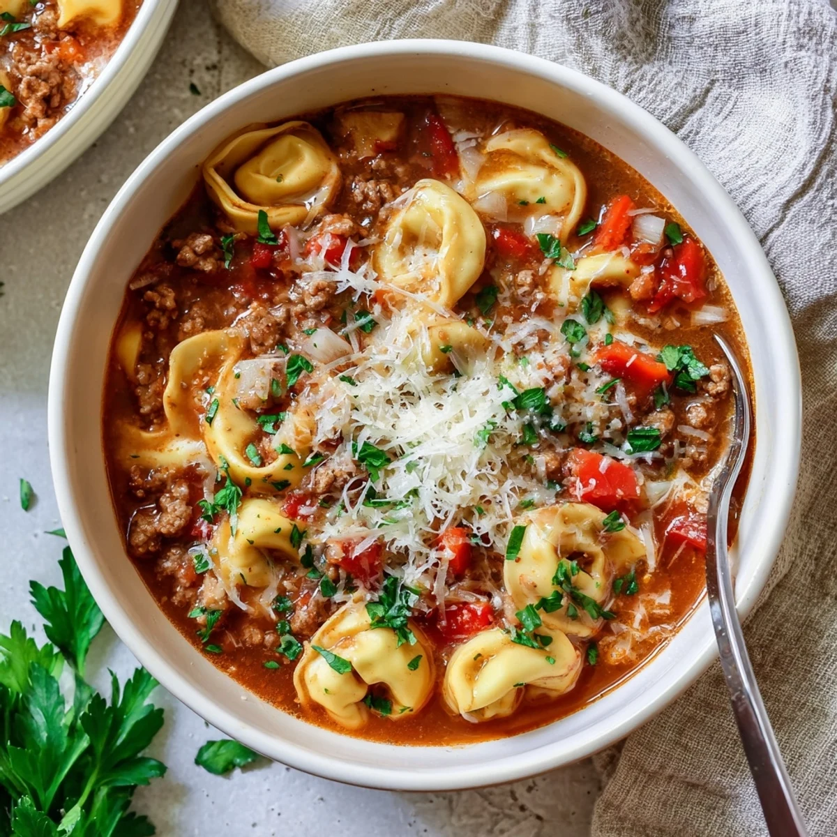 Steaming bowl of Lasagna Soup with Tortellini featuring Italian sausage, melted cheese, and fresh basil garnish on a rustic wooden table.