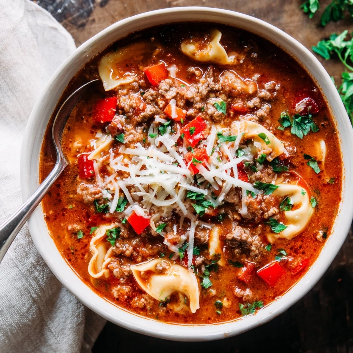 A hearty ladle of Lasagna Soup with Tortellini shows rich tomato broth, cheesy pasta, and crusty bread for dipping nearby.