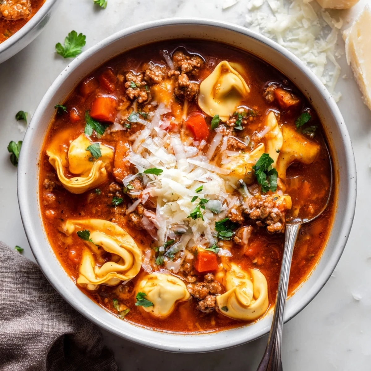 Close-up photo of Lasagna Soup with Tortellini highlighting bubbly mozzarella, tender tortellini, and colorful vegetables in a warm Italian broth.