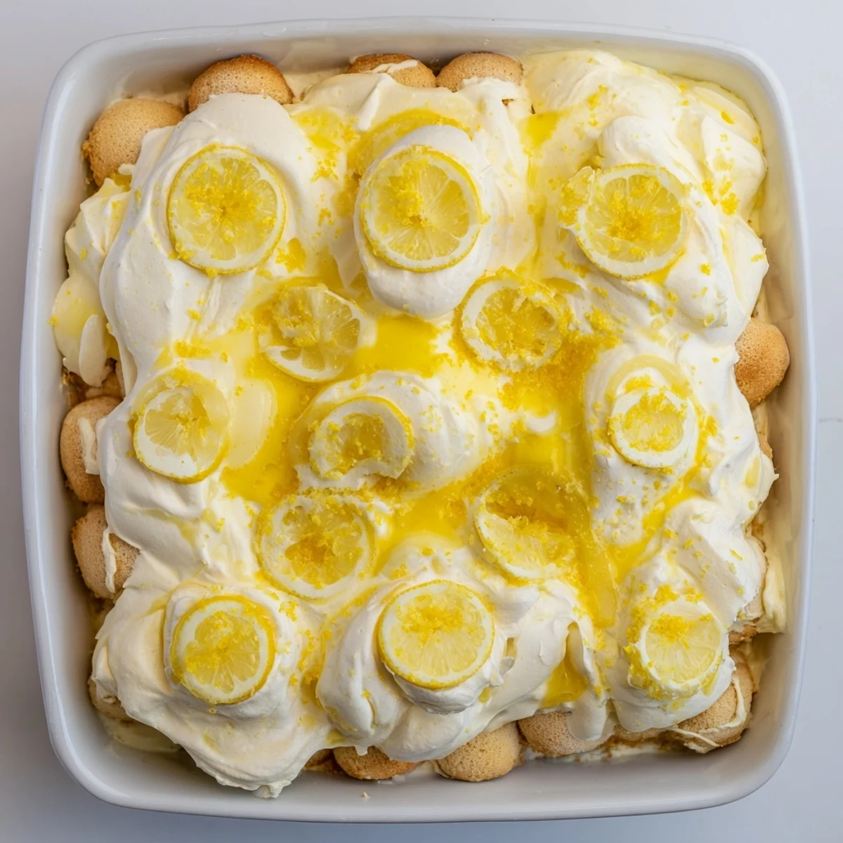 A chilled slice of Lemon Limoncello Italian Tiramisu on a white plate, showcasing soaked ladyfingers and a dollop of lemon curd.