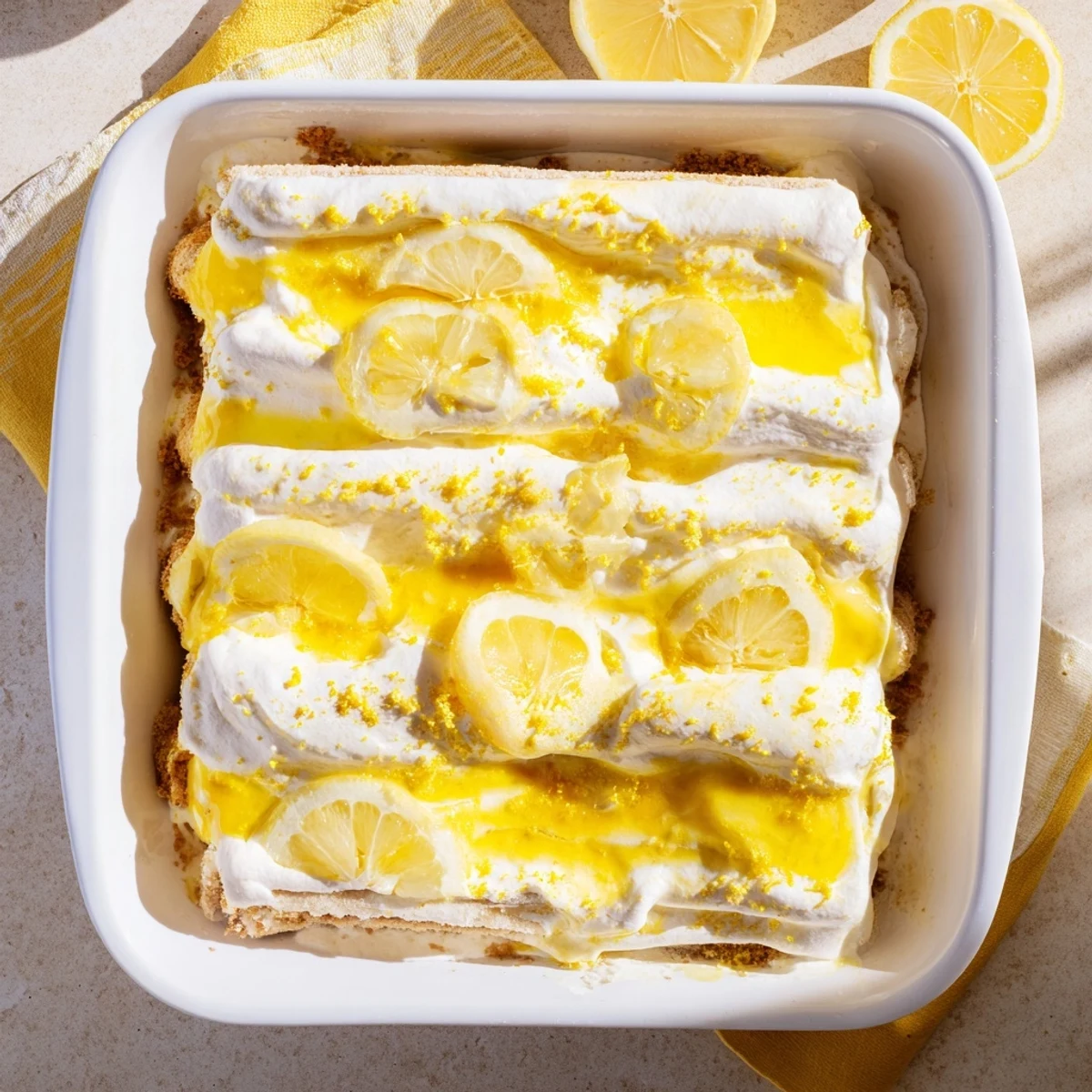 Overhead view of Lemon Limoncello Italian Tiramisu in a glass dish, featuring bright yellow lemon slices and creamy texture.