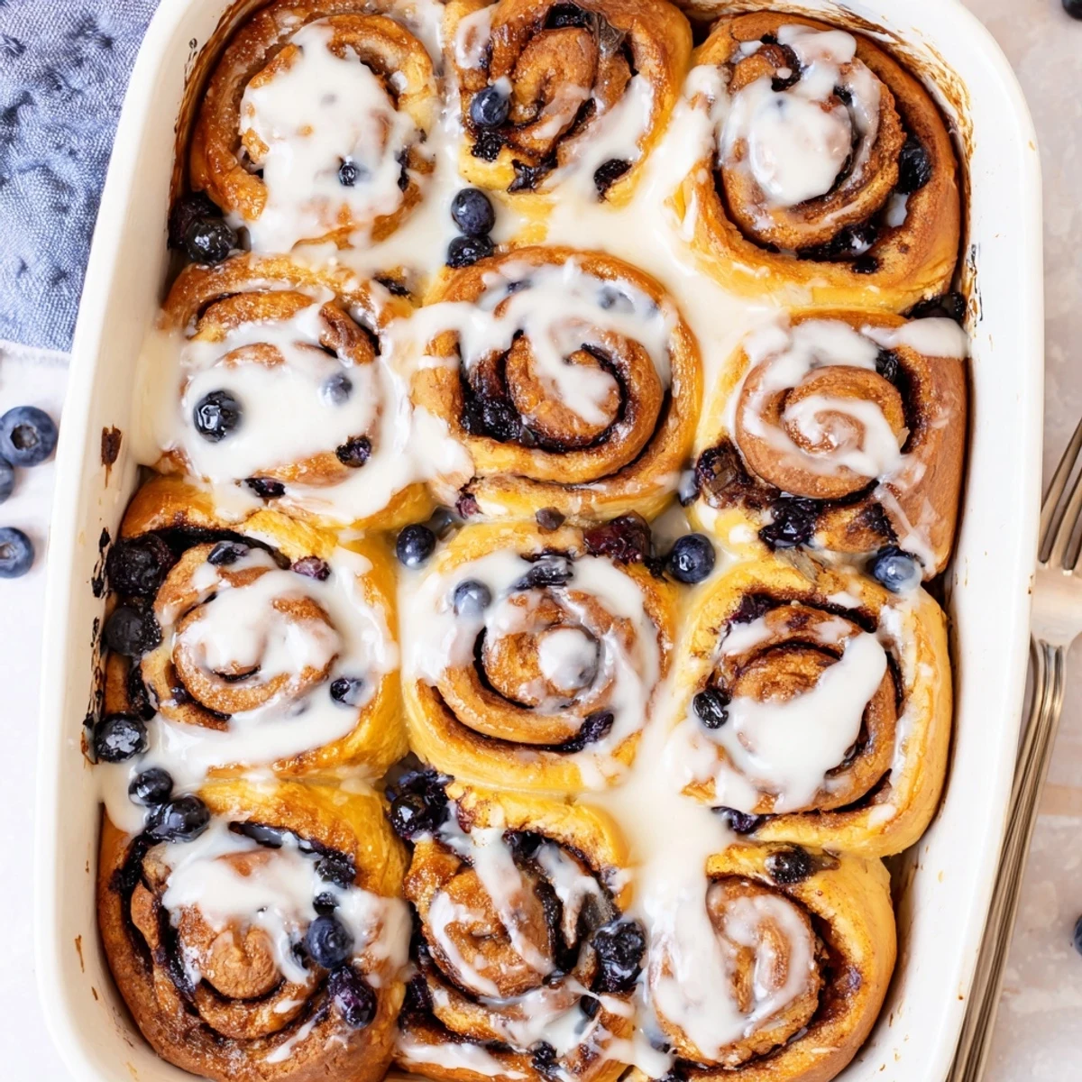 Warm Blueberry Cinnamon Rolls with soft dough, juicy berries, and sweet cinnamon sugar on a rustic table.  