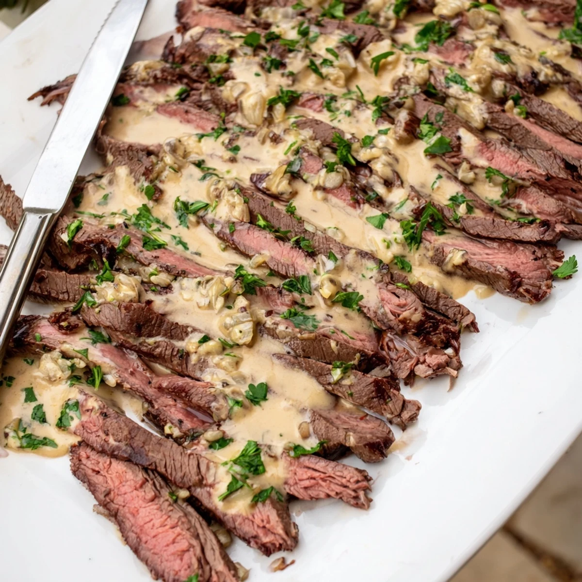 A skillet holds tender flank steak with roasted garlic sauce, served with a sprig of parsley and inviting steam.