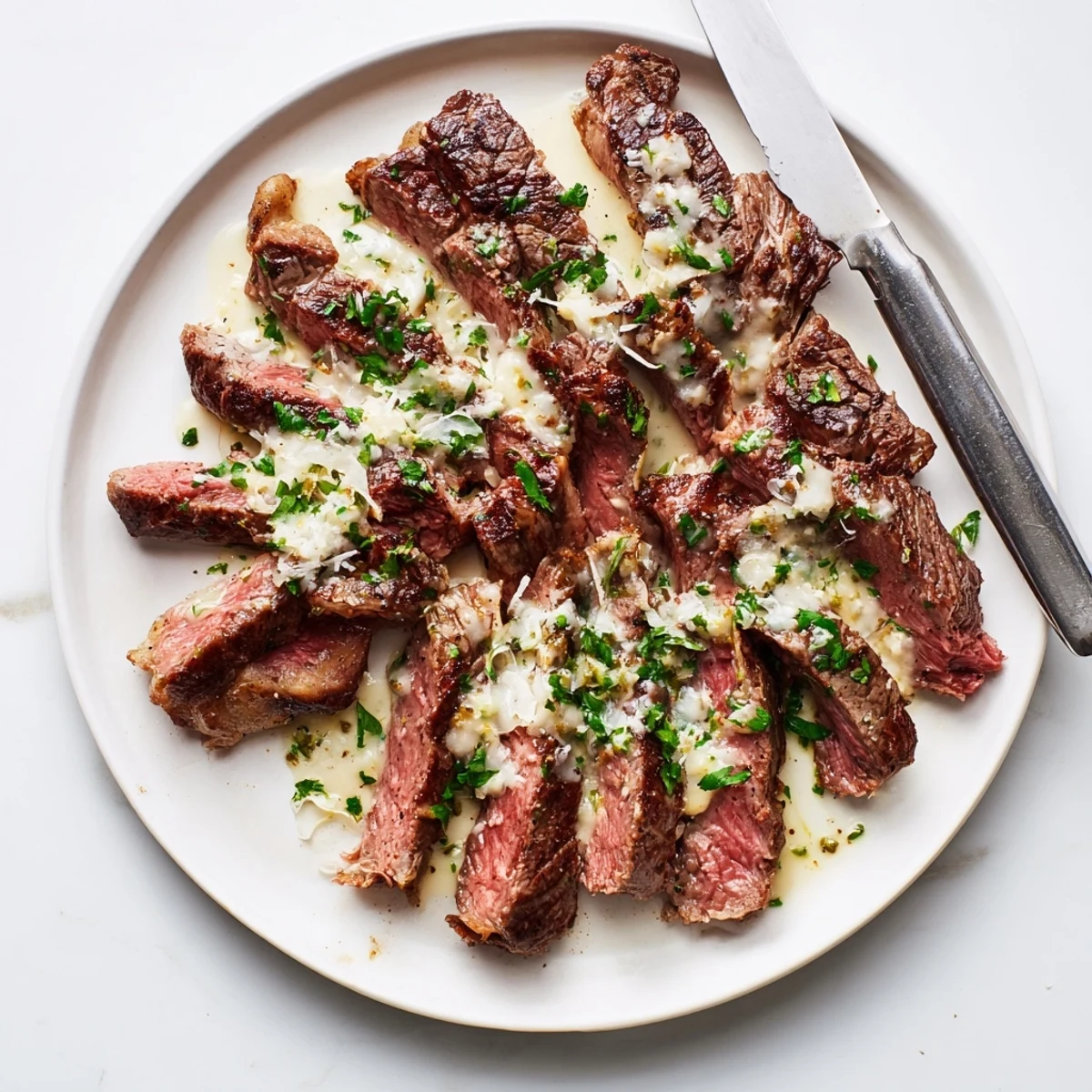 Sizzling ribeye steak topped with creamy garlic sauce garnished with fresh parsley.