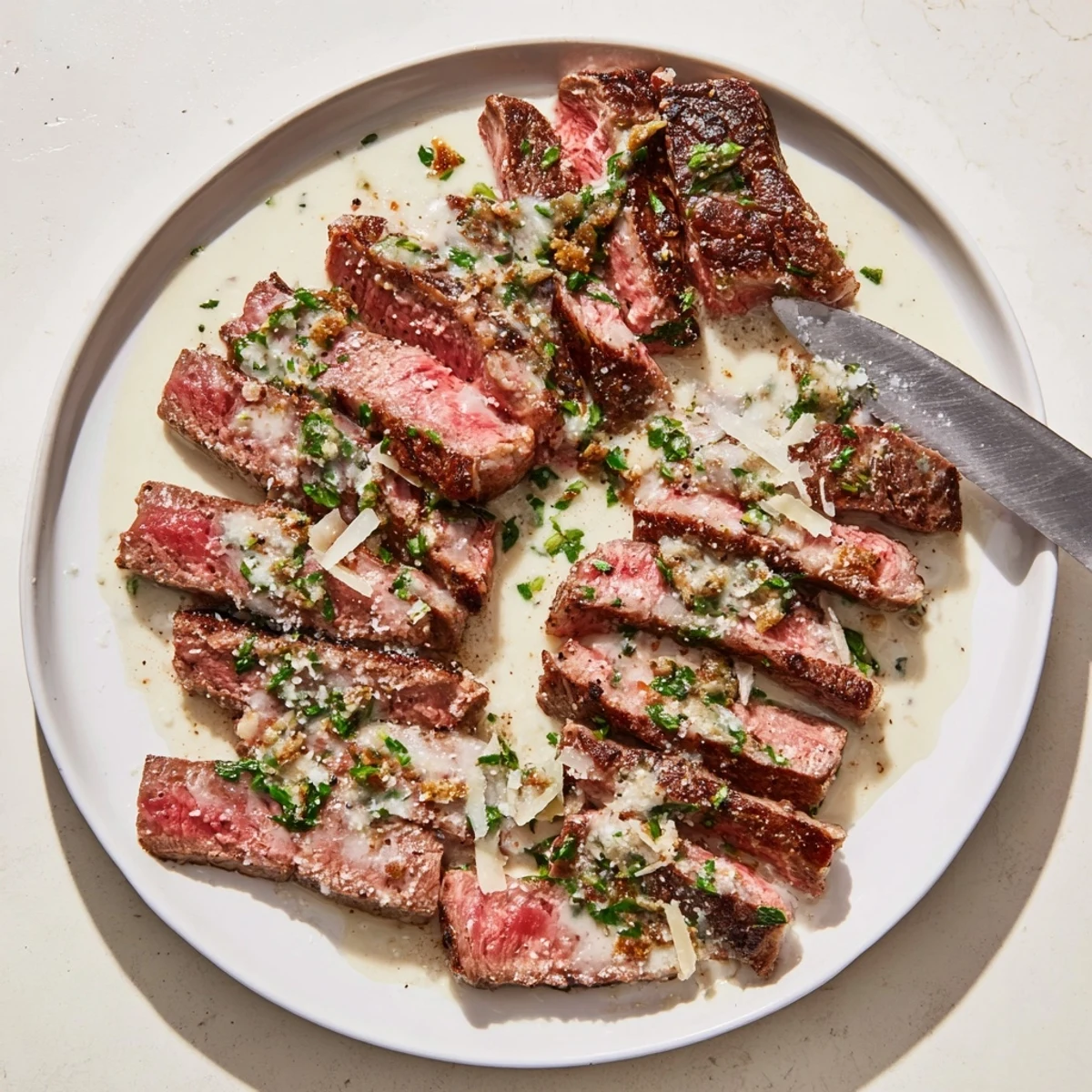 Perfectly seared steak drizzled with rich garlic cream sauce for a cozy dinner.
