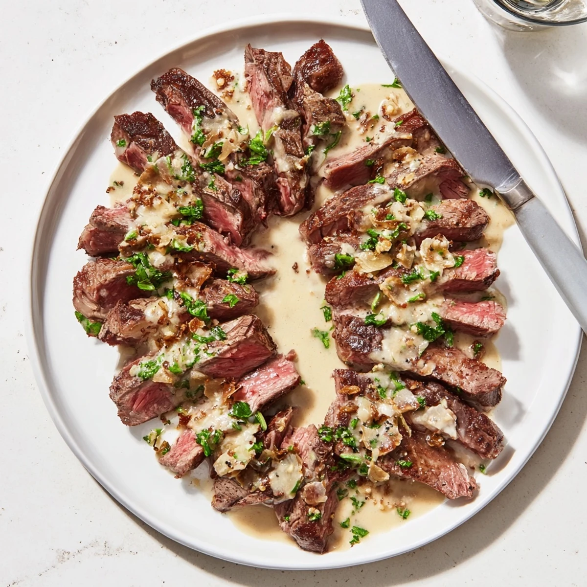 A juicy medium-rare steak rests next to roasted potatoes in a warm skillet.