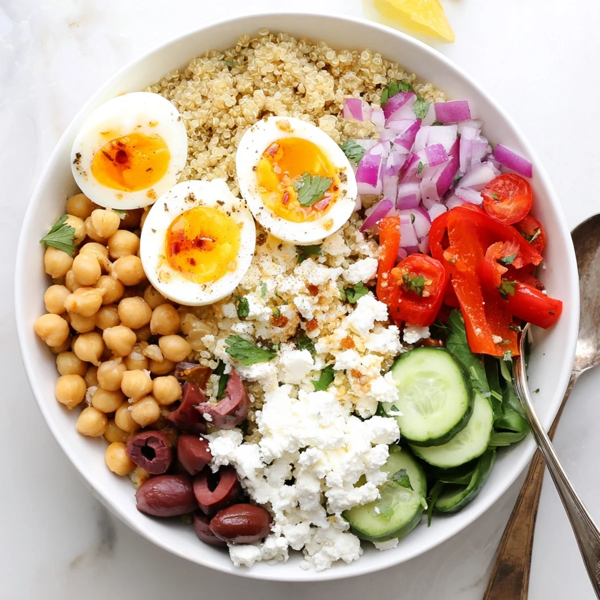 Colorful High Protein Mediterranean Breakfast Bowls topped with cucumber, tomatoes, olives, and fresh parsley.