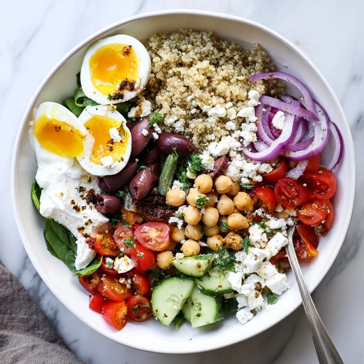 A close-up of High Protein Mediterranean Breakfast Bowls with quinoa, jammy eggs, chickpeas, and feta.