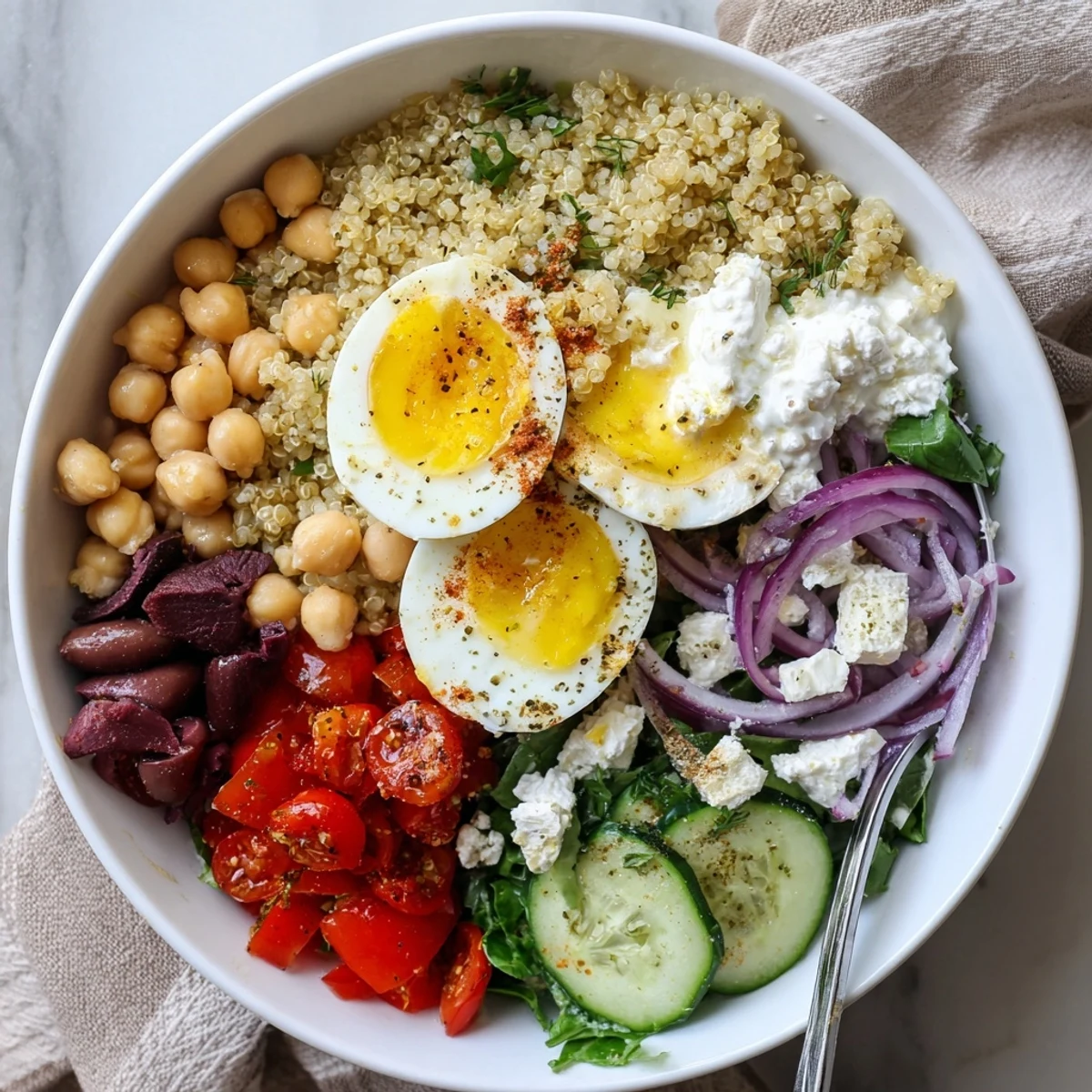Overhead view of High Protein Mediterranean Breakfast Bowls served with Greek yogurt and lemon wedges.