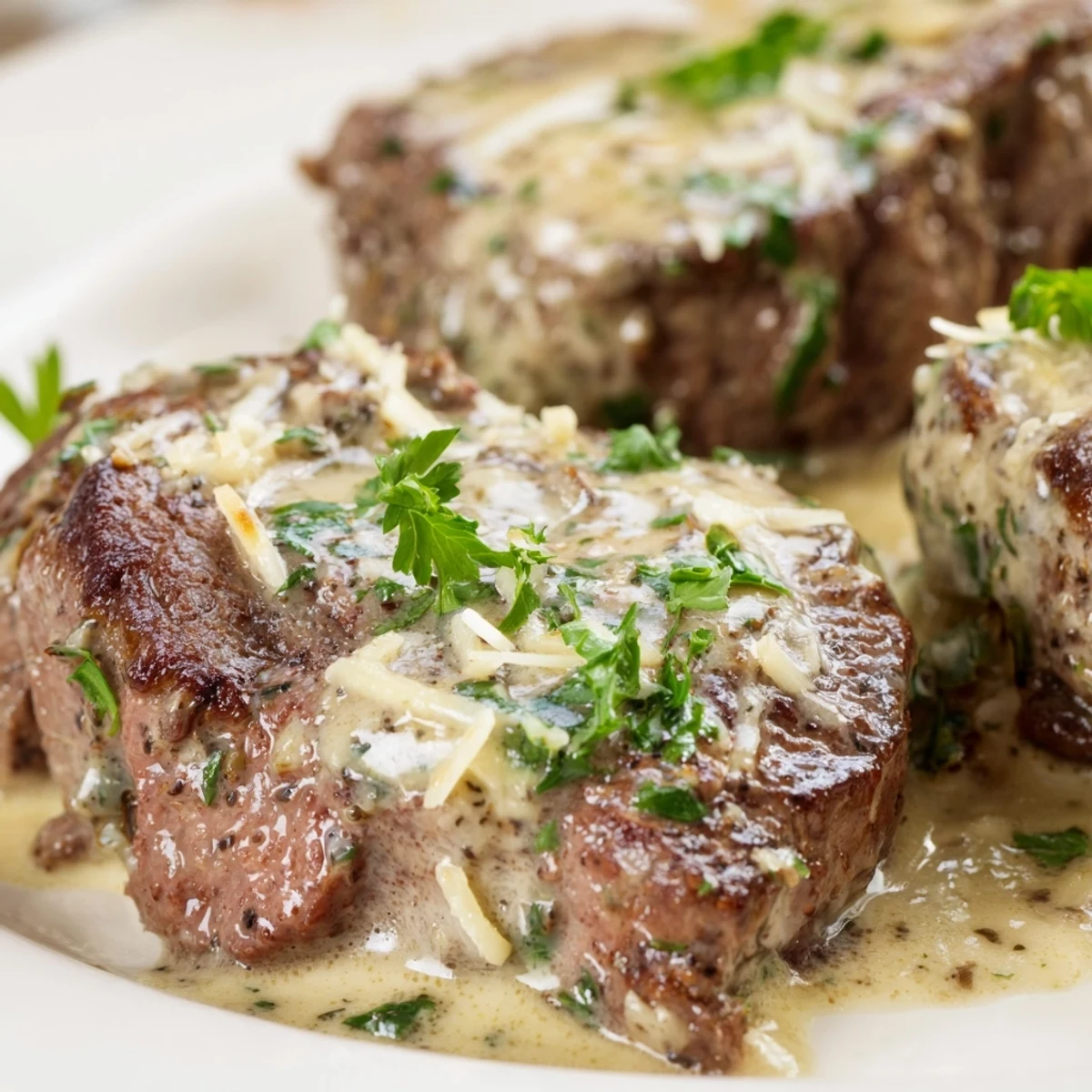 Golden seared Garlic Butter Steak with Parmesan Cream Sauce steams on a white plate, next to crisp green beans.