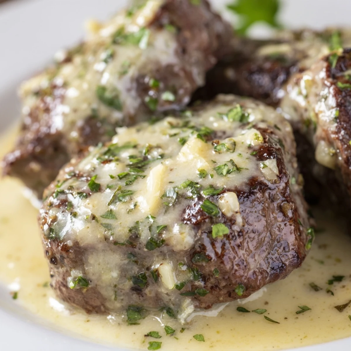 Savory Garlic Butter Steak with Parmesan Cream Sauce glistens on a plate, garnished with fresh parsley beside roasted potatoes.
