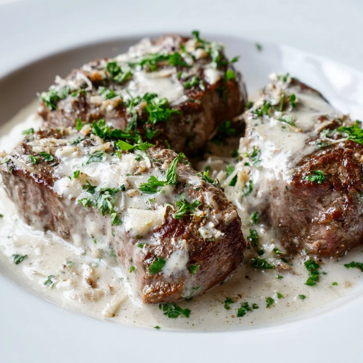 A close view of Garlic Butter Steak with Parmesan Cream Sauce drizzled with sauce, paired with a glass of red wine.