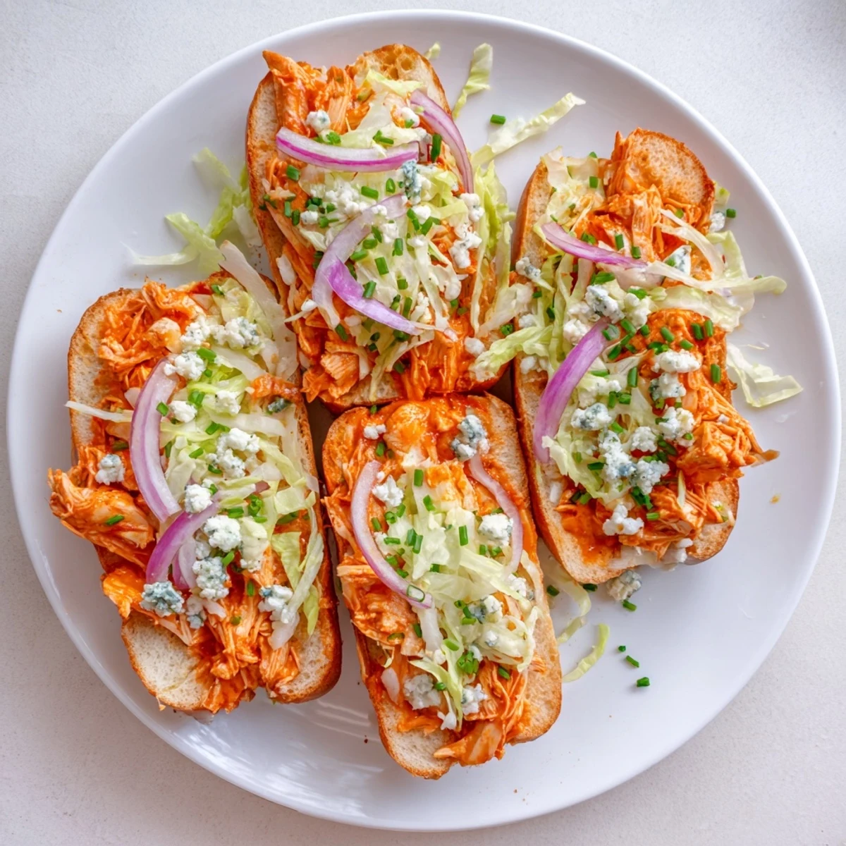 Easy Spicy Buffalo Chicken Sliders stacked with melted blue cheese, red onion, and fresh chives on toasted buns.