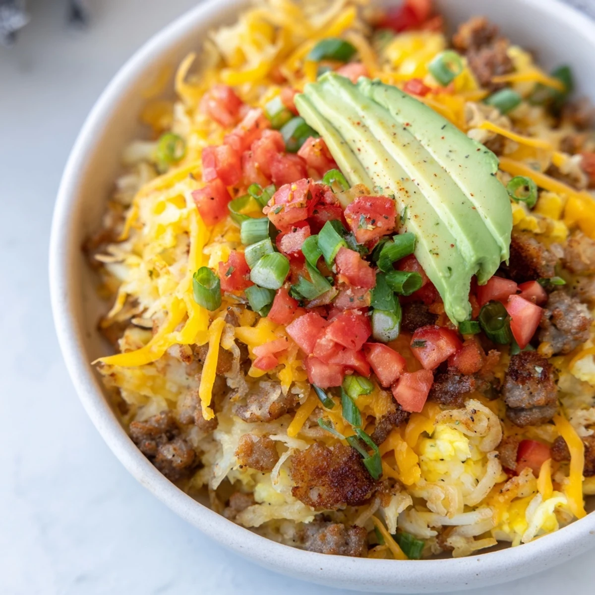 A hearty serving of Hash Brown Breakfast Bowls with melted cheddar, diced tomatoes, and fresh avocado slices.  