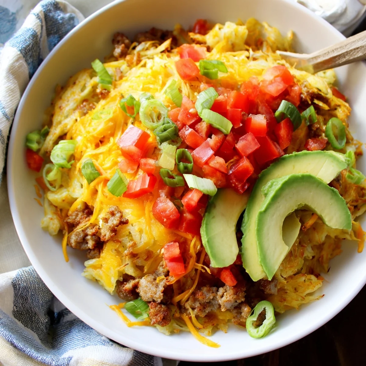 Crispy golden hash browns topped with fluffy scrambled eggs and savory sausage in this Hash Brown Breakfast Bowl.  