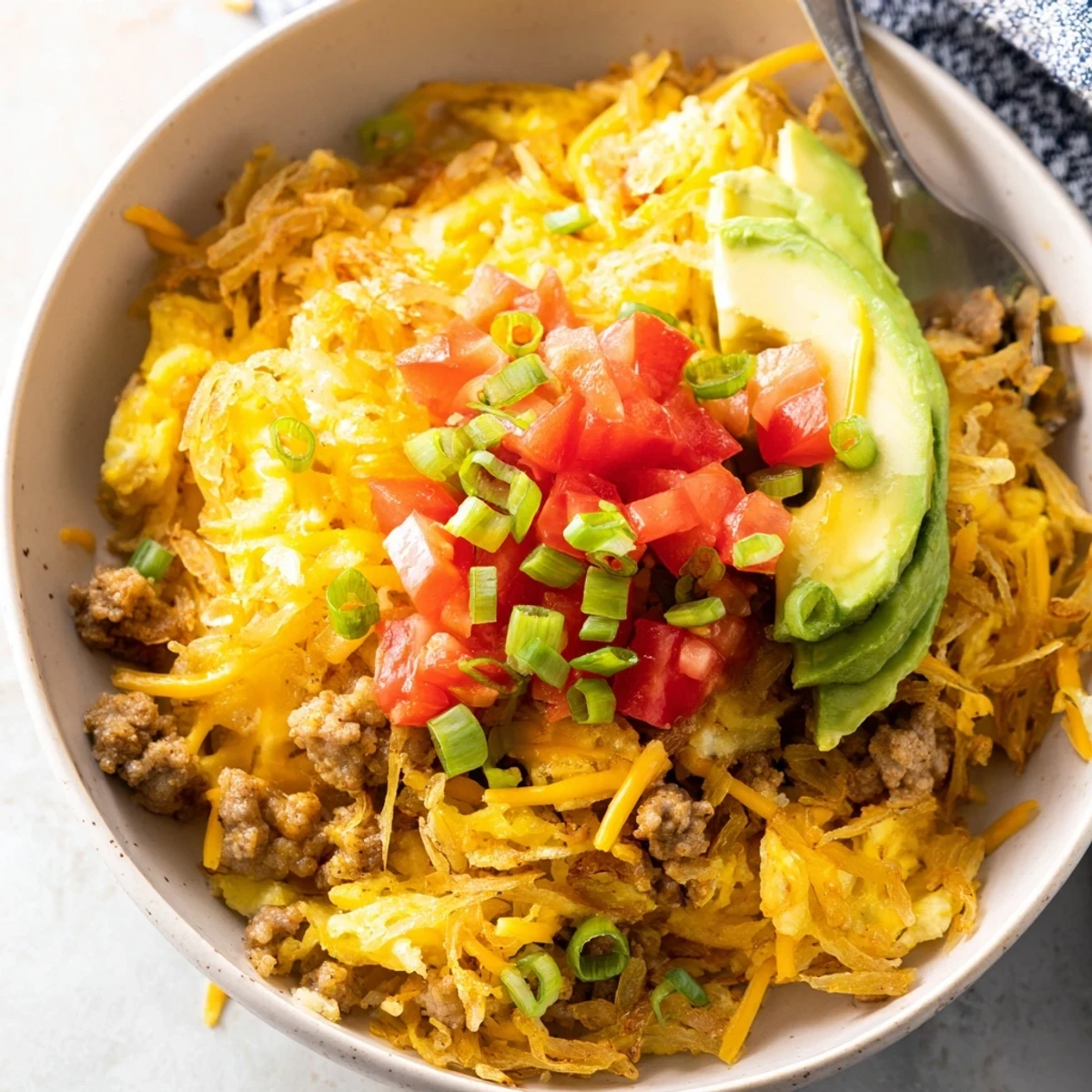 Enjoy a warm Hash Brown Breakfast Bowl with sausage and eggs, finished with green onions and hot sauce.