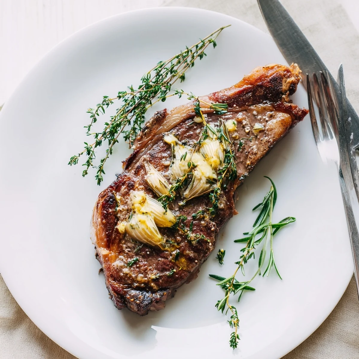 Juicy Pan Seared Ribeye Steak resting on a wooden board, ready to be sliced and served.