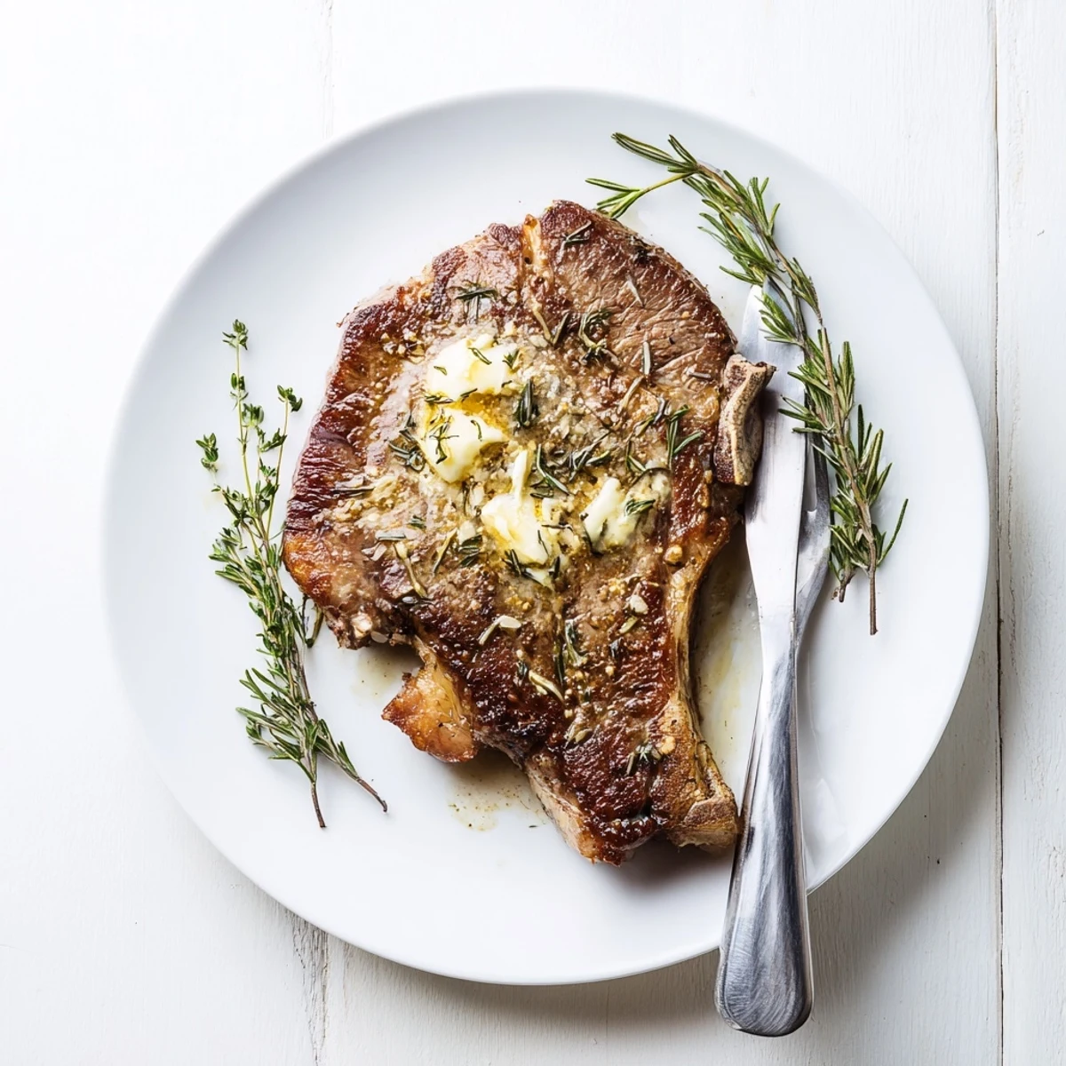 Perfectly seared Pan Seared Ribeye Steak with a caramelized crust, glistening in garlic butter and fresh thyme.