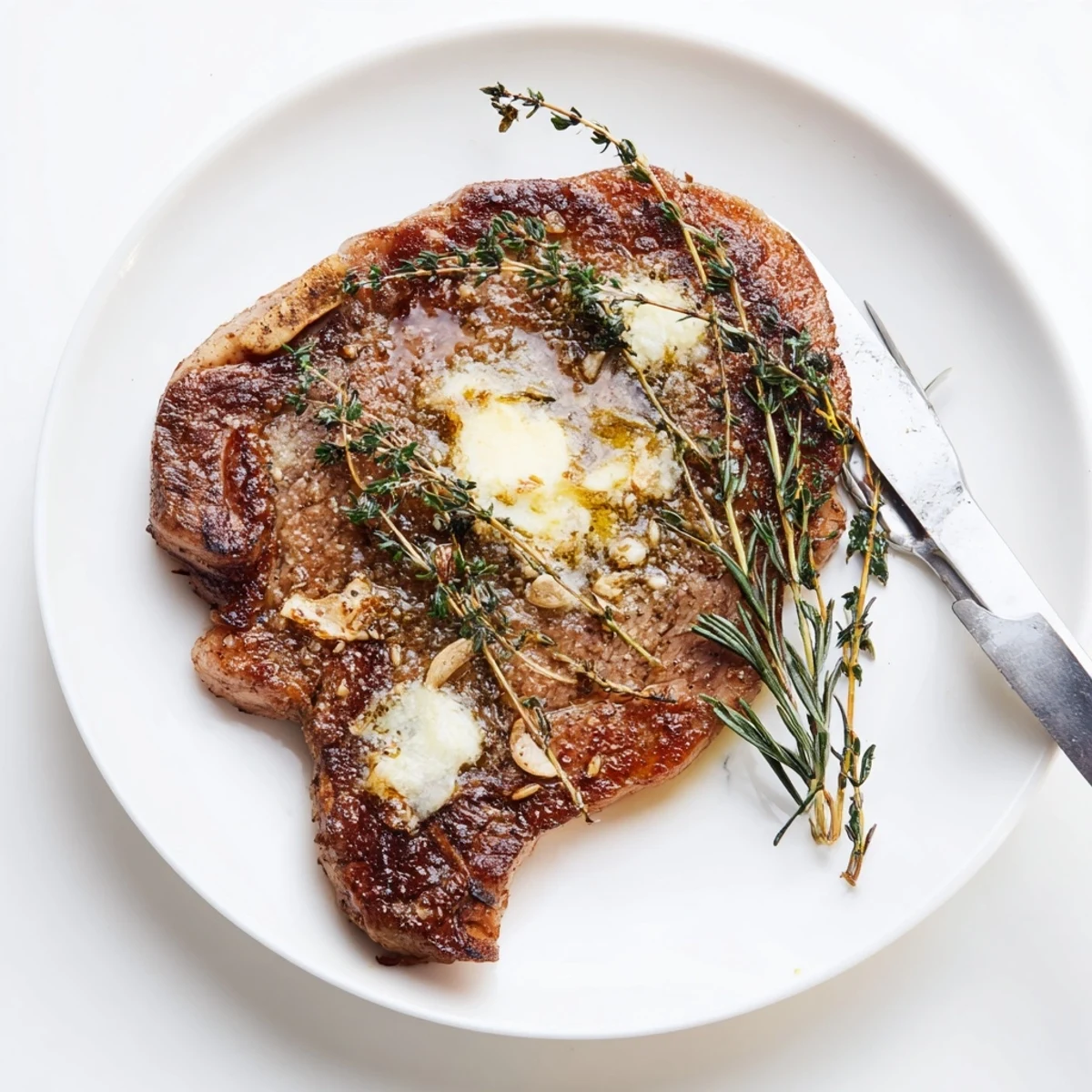 Sizzling Pan Seared Ribeye Steak in a cast iron skillet, topped with melting butter and herbs.