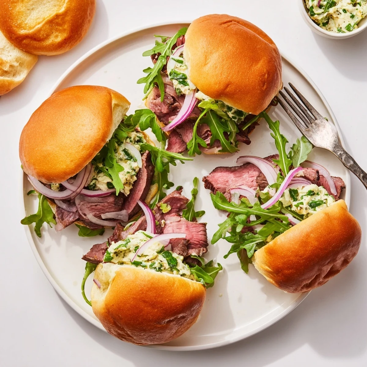 Fresh herbs and melted cowboy butter flavor these warm steak sliders served with red onion and arugula garnish.